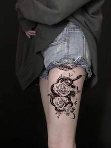 1張短暫紋身貼紙,含玫瑰、多彩蛇、骷髏、鳥和花的設計,性感創意,防水逼真,一次性使用,男女皆宜 - 黑色 - 查看 1