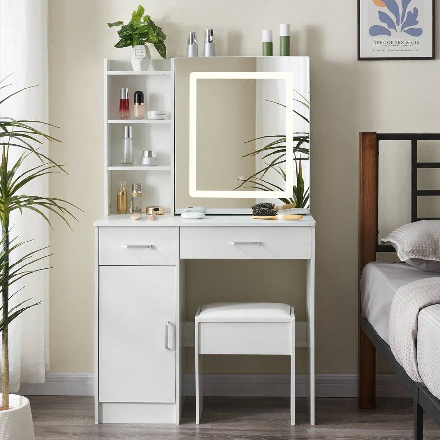 Makeup Vanity Table with Lighted Mirror, Vanity Desk Set with Shelves, Dresser Desk and Cushioned Stool Set White - trắng - Xem 1