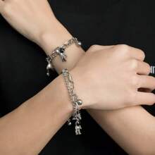 1 對簡約甜美風格磁性不銹鋼情人手鍊帶心形裝飾 - 太空人太空人雙層鏈條情侶手鍊 - 查看 2