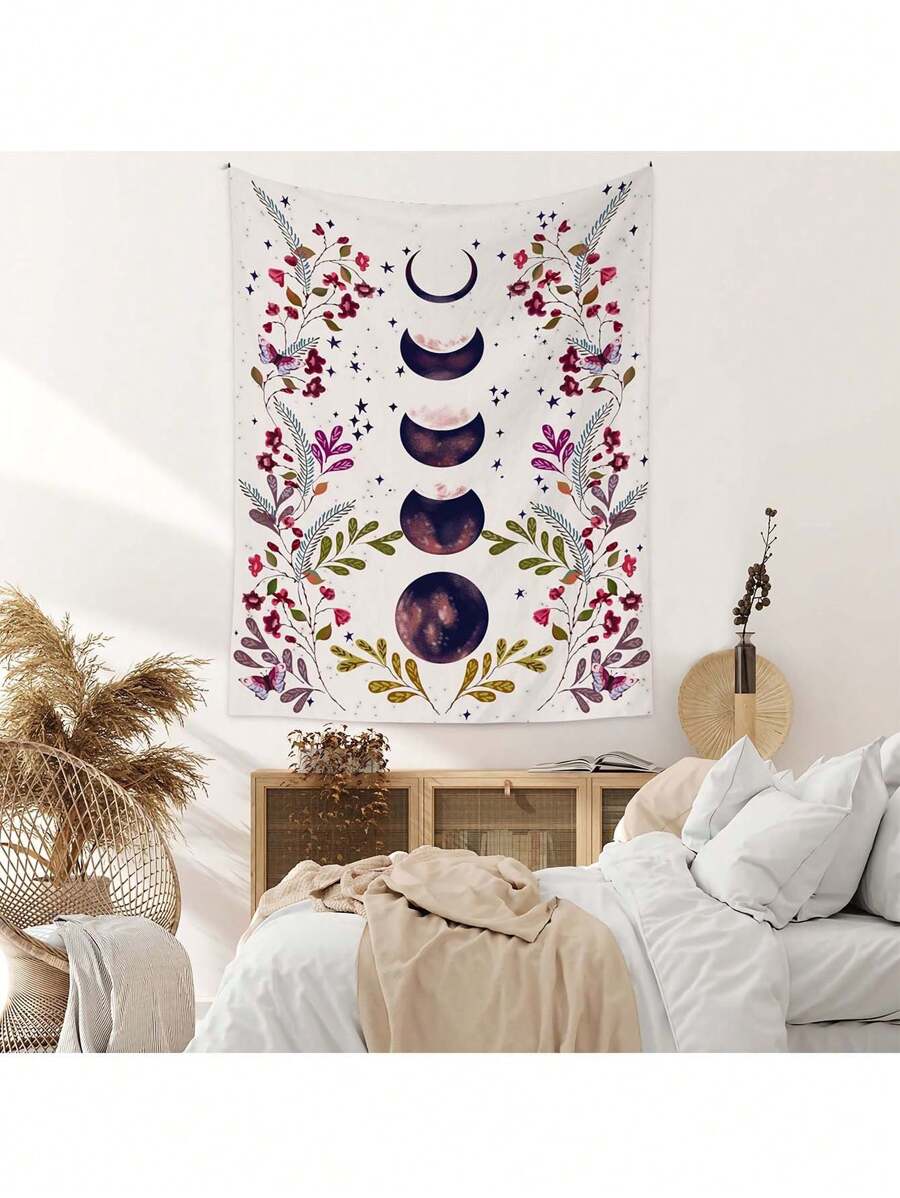 月光花園桃皮掛毯,白色壁掛掛毯,月亮被植物和鮮花包圍 - 彩色 - 查看 1
