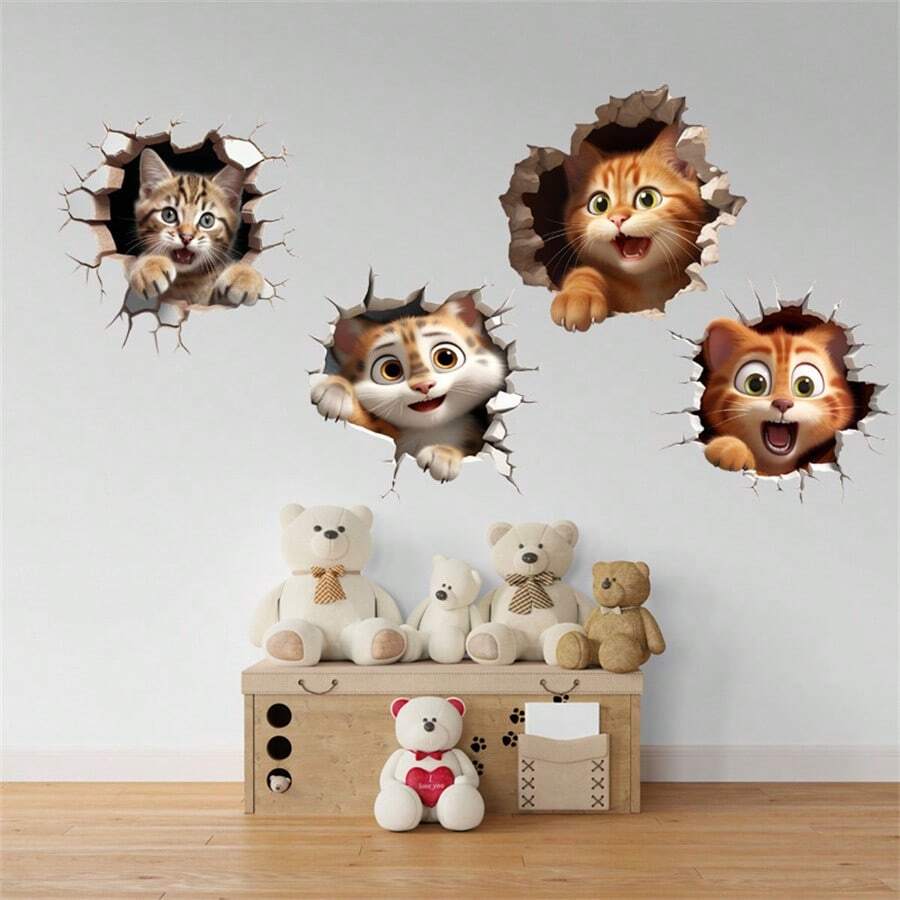 Juego De 4 Piezas, Calcomanías 3d Con Dibujo De Gato Y Ratón, Calcomanías De Animales, Calcomanías Divertidas, Calcomanías Para Coche, Calcomanías Para Pared. - Multicolor - Ver 1