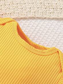 春季黃色肋紋針織連體衣,花卉印花褲子和頭帶套裝,適用於女嬰 - 黃色 - 查看 3