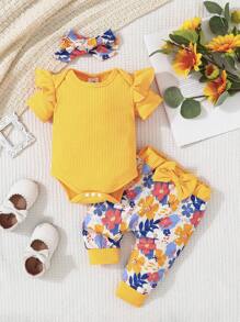 春季黃色肋紋針織連體衣,花卉印花褲子和頭帶套裝,適用於女嬰 - 黃色 - 查看 1