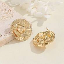 1 對新款時尚優雅金屬折疊紋理圓形紐扣耳環女式百搭配飾 - 金黃色 - 查看 3