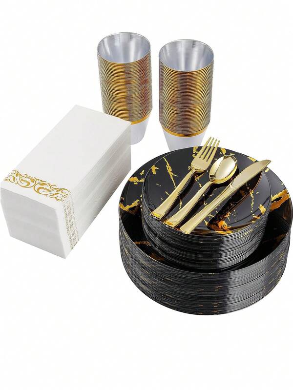 120pcs Black and Gold Dinnerware Set for 25 Guests, Plastic Halloween