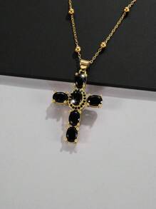 1pc Exquisite Copper Plated Cubic Zirconia Inlaid Women's Pendant Necklace, Featuring Gold-Color & Black Cross Beaded Chain For Women - Black - View 1