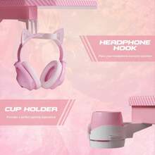 44 Inches Z-Shaped Gaming Desk Carbon Fiber Surface Desk with Cup Holder & Headphone Hook - 粉色 - 查看 6