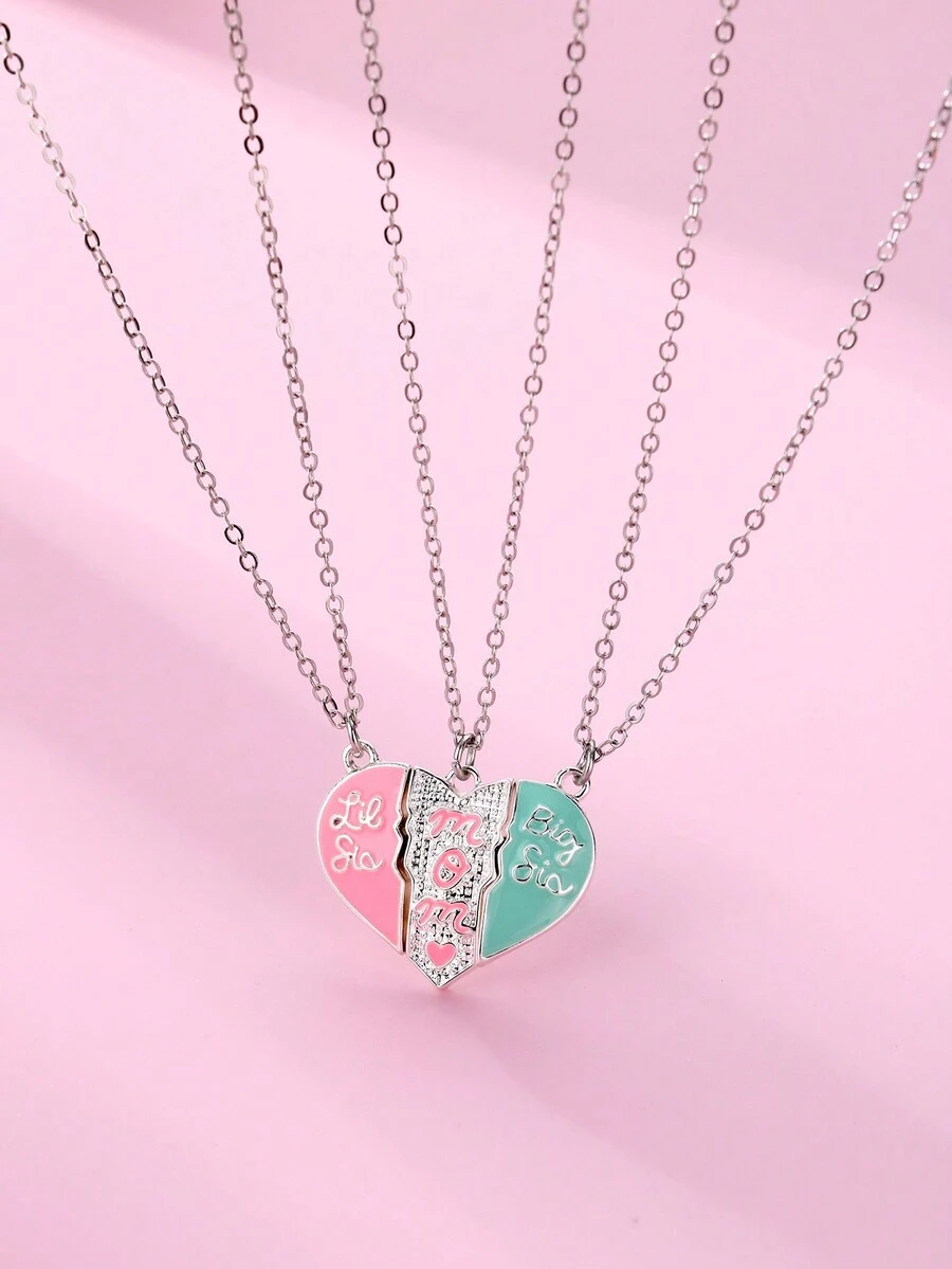 3入組 小姐姐 老姐 媽媽字母和愛心形狀鋅合金吸油項鏈,配磁扣,母親節家庭珠寶禮物的絕佳選擇 - 銀色 - 查看 1