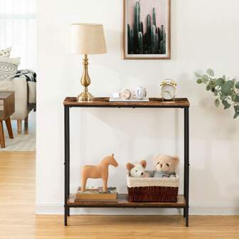 Hoobro smalle consoletafel met plank, 75 x 22 x 75 cm, bijzettafel, gangtafel, kleine tentoonstellingstafel, banktafel voor kleine ruimte, voor ingang, gang, donkerbruin/zwart