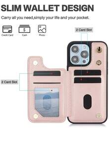 掛脖錢包後蓋殼,適用於iphone 15 14 Plus 13 12 11 Pro Max 8 7 Plus Se 5g 2020 2022手機殼,帶有卡插槽和支架,pu皮革材質,防震手機保護殼 - 玫瑰金 - 查看 5