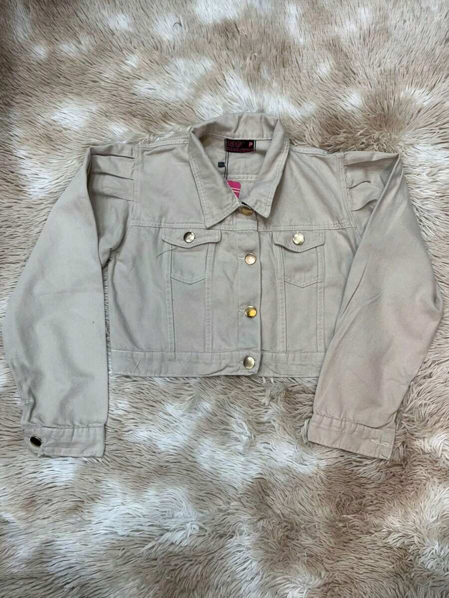 Women's Beige Denim Jacket Princess Sleeve Short Model - Màu be - Xem 1