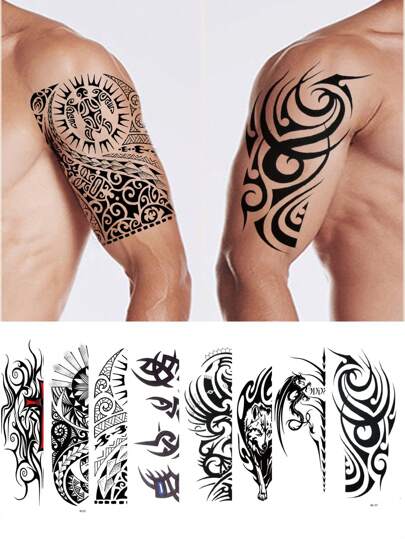 Set di 8 fogli di tatuaggi temporanei con disegno di lupi totemici, design unico e alla moda per uomini e donne