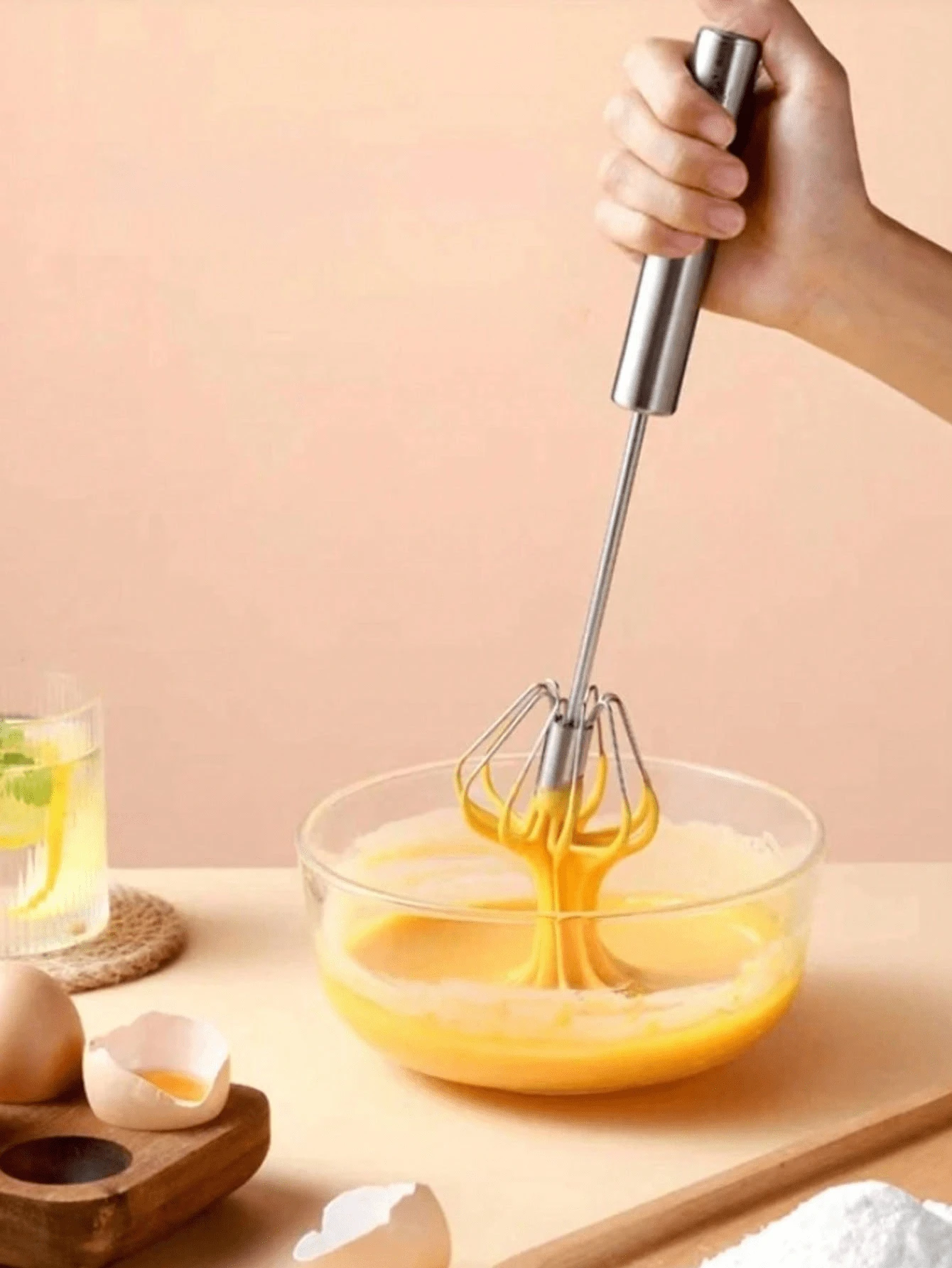 Stainless Steel Semi-automatic Push & Rotate Egg Beater - Light Grey - View 1