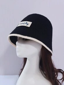 1pc Lady'S Solid Color Knit Beanie Hat With Different Color Edge & Lucky Letters Printing, Simple Style, Sun Protection & Warmth, Suitable For Daily Casual Outings
