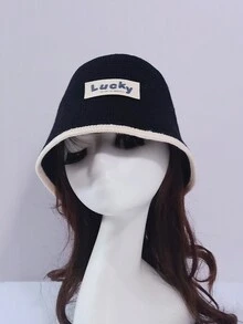 1pc Lady'S Solid Color Knit Beanie Hat With Different Color Edge & Lucky Letters Printing, Simple Style, Sun Protection & Warmth, Suitable For Daily Casual Outings