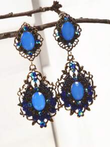 1pair Vintage Style Retro Blue Floral Hollow Out Design Ear Studs Decorated With Rhinestones For Daily Wear - Royal Blue - View 1