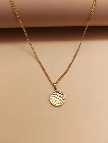 1pc Stainless Steel Round Plate Pendant Necklace With Embossed Flower Pattern - Yellow Gold - View 2