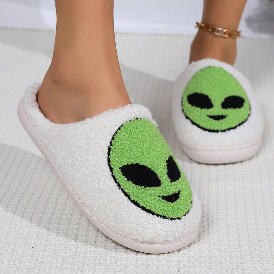 女士卡通外星人刺繡休閒風格冬季泰迪羊毛記憶棉保暖平底室內拖鞋,帶防滑鞋底 - 白色 - 查看 1