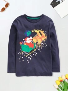 聖誕節卡通聖誕老人紋長袖t恤,適合幼童男孩,秋冬時尚款