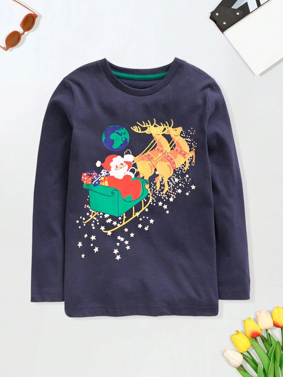 聖誕節卡通聖誕老人紋長袖t恤,適合幼童男孩,秋冬時尚款