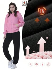 女式保暖内衬慢跑裤，弹力袖口，保暖亲肤休闲户外跑步运动裤，带口袋，适合秋冬季 - 黑色 - 查看 2