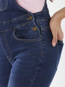 Overol Jeans Mezclilla para Dama, Casual con Tirantes, Pantalones Ajustados con Bolsas a la Moda para Mujer - Azul lavado oscuro - Ver 1