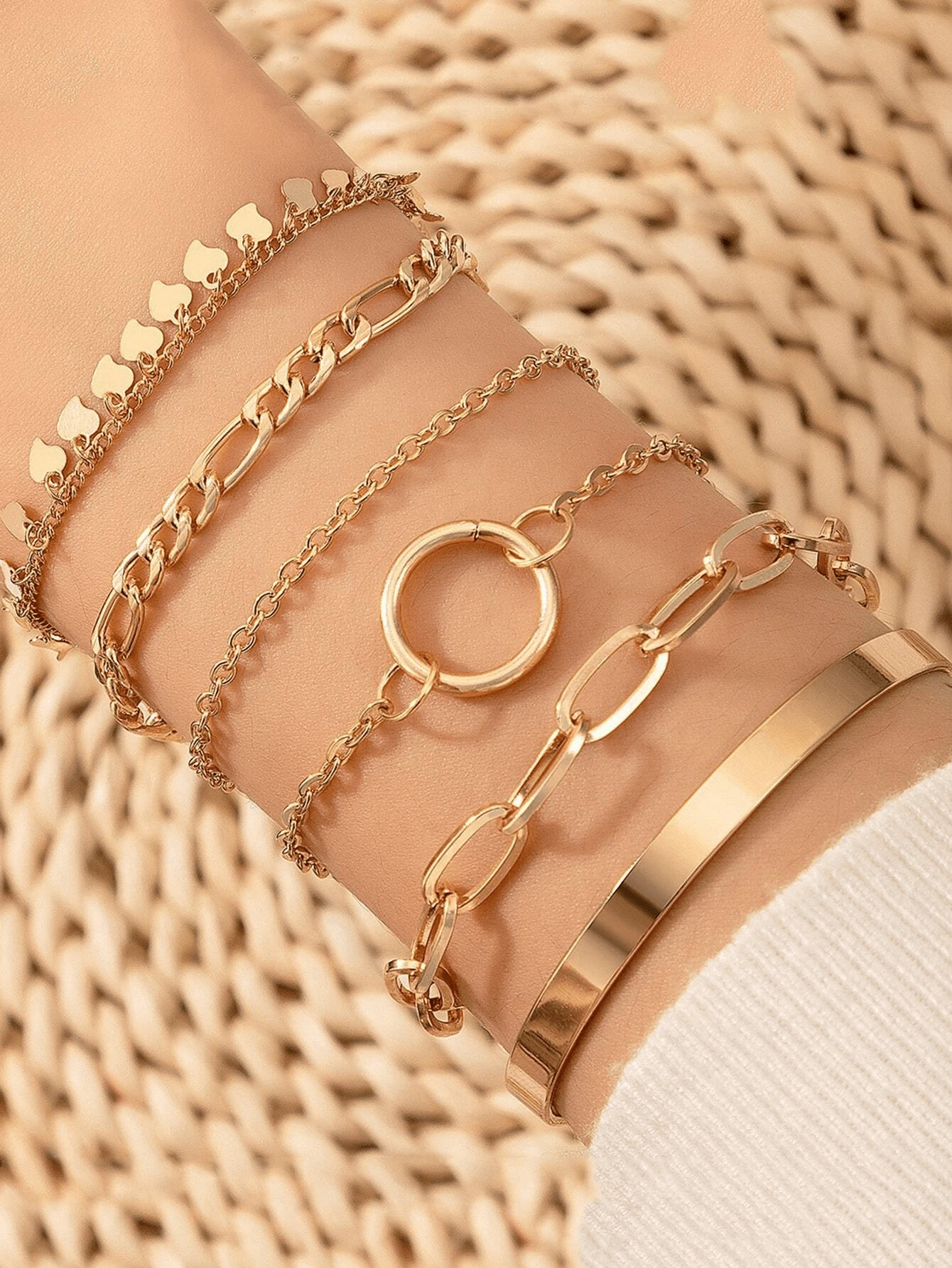 6pcs/Set Geometric Shape & Leaf Shaped Chunky Chain Bracelet For Women