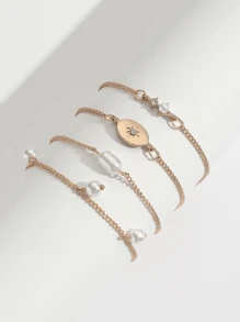 4pcs/Set Starry Eight-Pointed Star Bracelet Set With Rhinestone, Cold Style - Yellow Gold - View 1