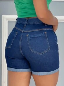 Women Denim Shorts - 深色水洗藍 - 查看 2