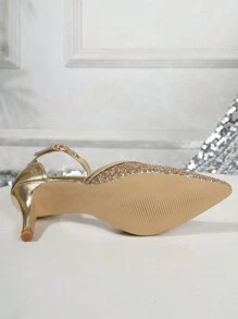 Gold Sequined Stiletto With Ankle Strap And Pointed Toe, High Heels With Hollow Out Design For Women's Spring And Autumn Outfit, Fashionable