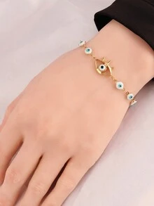 1 件時尚不銹鋼邪惡之眼手鍊女士金色眼睛吊墜珠鍊手鍊女孩珠寶派對禮物 - 金黃色 - 查看 4