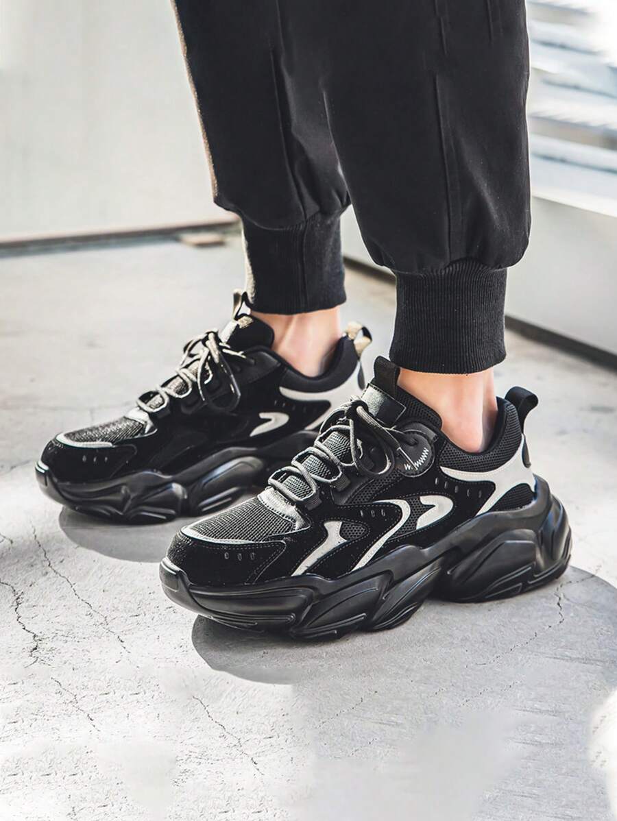 時尚增高厚底運動鞋,黑色透氣網麵跑步鞋男休閒鞋 - 黑色 - 查看 1