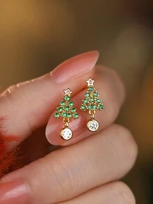 1pair Fashionable Cute 999 Sterling Silver Christmas Tree Stud Earrings, Suitable For Women'S Festival Gift Daily Wear - Yellow Gold - View 3