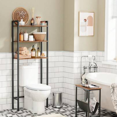 HOOBRO Toilet Shelf, Bathroom Storage Shelf With 3 Shelves, Washing Machine Shelf, Industrial Multi-Function Shelf, Retro Style, Space Saving, Easy To Assemble, Dark Brown