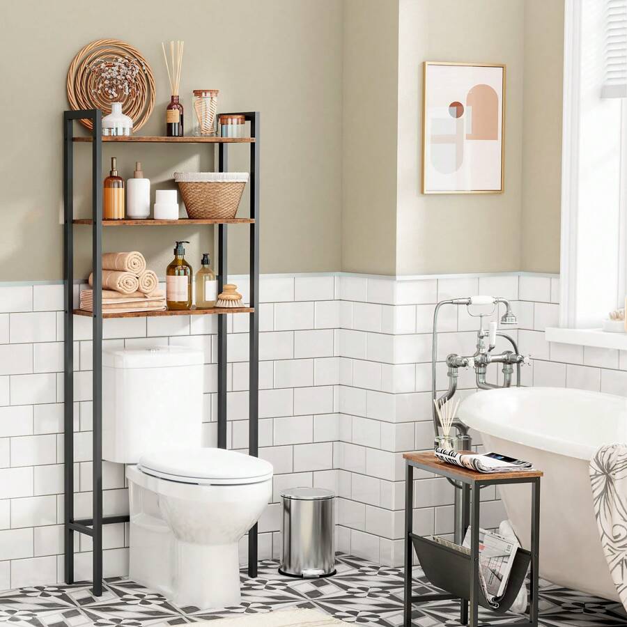 HOOBRO Toilet Shelf, Bathroom Storage Shelf With 3 Shelves, Washing Machine Shelf, Industrial Multi-Function Shelf, Retro Style, Space Saving, Easy To Assemble, Dark Brown