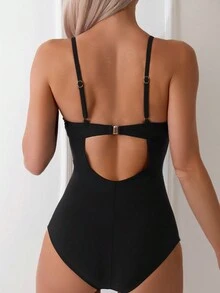 Solid Color Hollow Out Detail Spaghetti Strap One-Piece Swimsuit Summer - Black - View 3