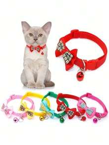 1pc Nylon Pet Collar With Check Pattern, Bow Tie And Bell For Cats And Dogs, Suitable For Outdoor Activities - Green - View 4