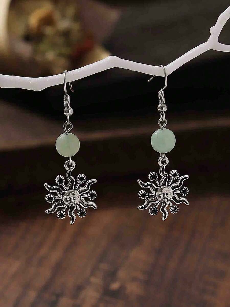 1對復古天然石頭珠寶太陽神吊墜耳環,適合女性,假日禮物 - 太陽 - 查看 1