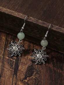 1對復古天然石頭珠寶太陽神吊墜耳環,適合女性,假日禮物 - 太陽 - 查看 5