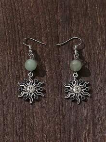 1對復古天然石頭珠寶太陽神吊墜耳環,適合女性,假日禮物 - 太陽 - 查看 3