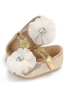 新生女童软底平底鞋，带蝴蝶结，公主款 - 金色 - 查看 6