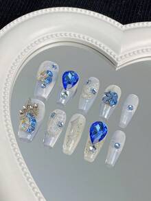 10入組長款星空設計假指甲,水晶裝飾,藍色冰凍質感和可拆式皇冠,保濕和冰涼效果,適合中長款指甲,增強您的美學 - 彩色 - 查看 1