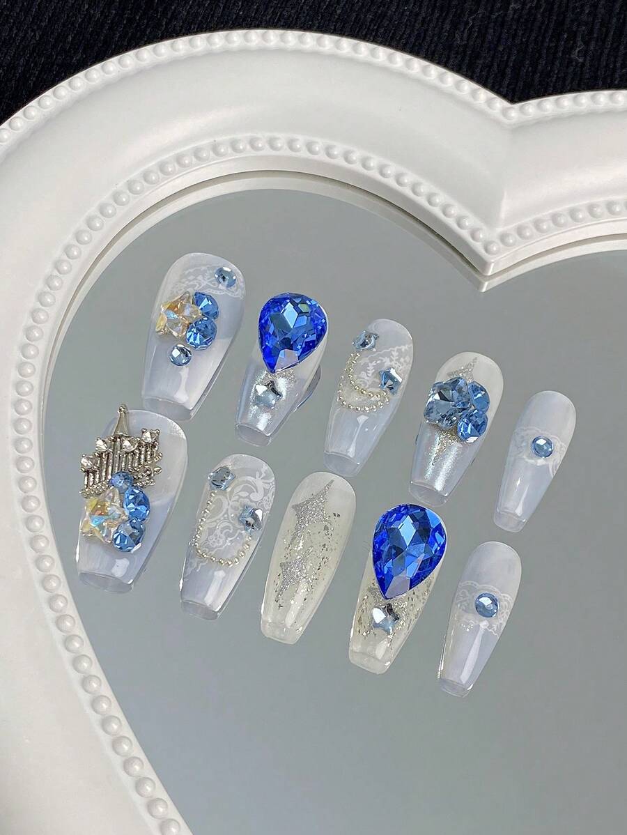 10入組長款星空設計假指甲,水晶裝飾,藍色冰凍質感和可拆式皇冠,保濕和冰涼效果,適合中長款指甲,增強您的美學 - 彩色 - 查看 1