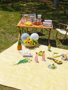 黃色格子戶外野餐墊,露營帳篷墊,便攜式沙灘墊,防水防潮,加厚野餐布,帶折疊設計和手柄帶 - 黃千鳥格 - 查看 3