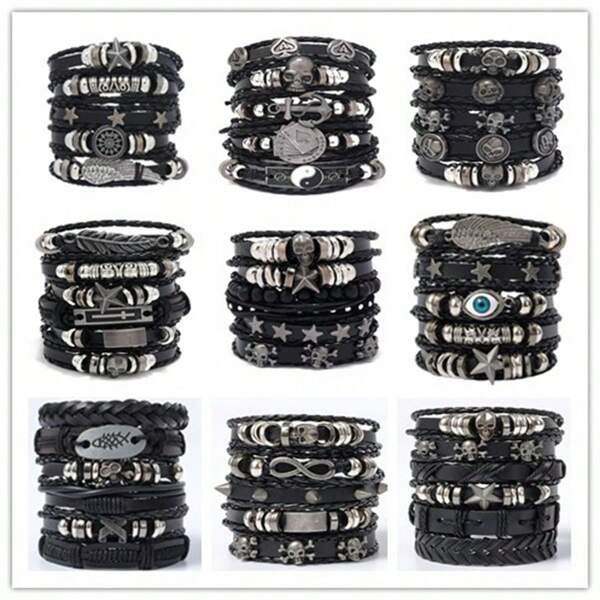 Conjunto de pulsera trenzado Diy para hombre, cabeza de calavera de estilo europeo y americano y adorno de mano combinado Punk con cuentas