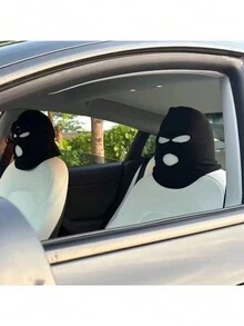 1pc Funny Car Seat Headrest Cover With Triangular Eye Holes And Black & White Mannequin Mask Print - Black - View 6