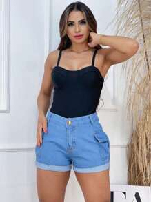 Women Denim Shorts - 淺色水洗藍 - 查看 3