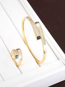 1pc Bangle + 1pc Ring Simple Cut Surface Design Copper Women's Jewelry Set - Multicolor - View 1