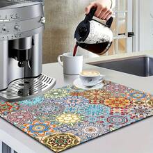 1pc Bohemian Pattern Dish Drying Mat, Diatomite Absorbent Pad For Kitchen, Sink, Bathroom, Countertop, Basin, Quick Drying, Cuttable, Drainage Pad, Water Absorbent