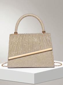 Bolso de mano cuadrado de lujo con decoración metálica y brillo, adecuado para fiestas, bodas y vestidos de gala - Dorado - Ver 2